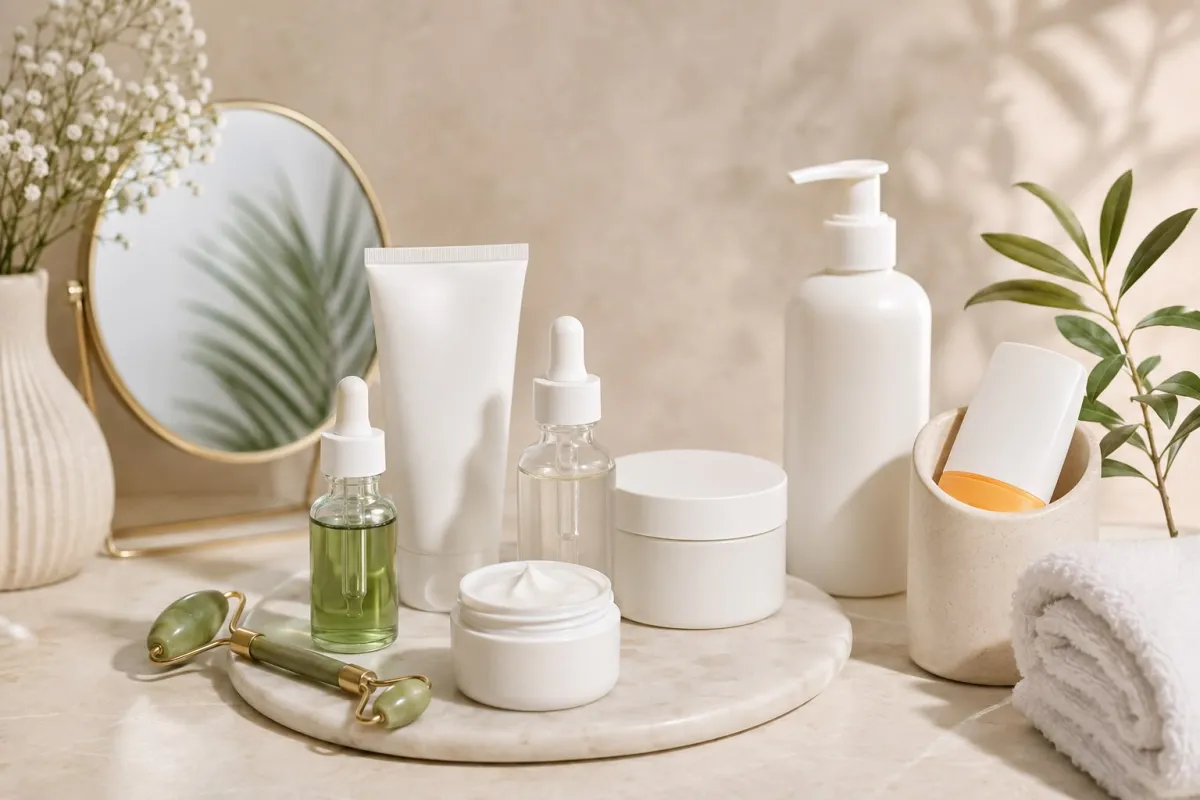 Skincare products and facial roller arranged for a daily skincare routine