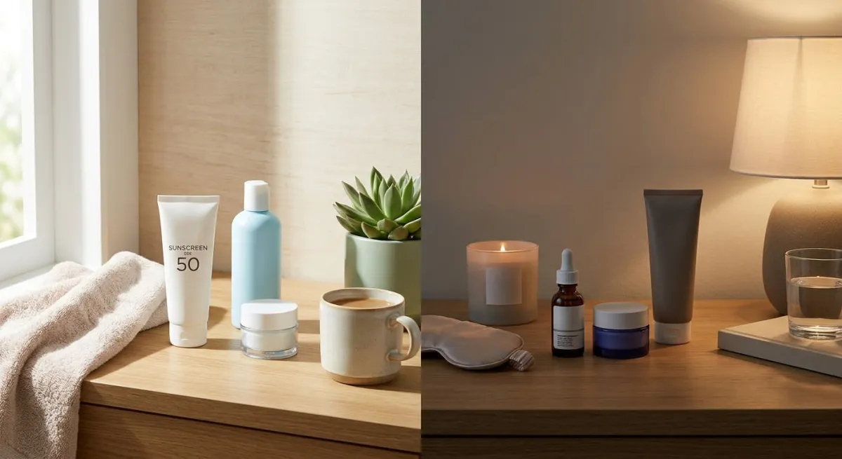 Morning and nighttime skincare routine with sunscreen and treatment products